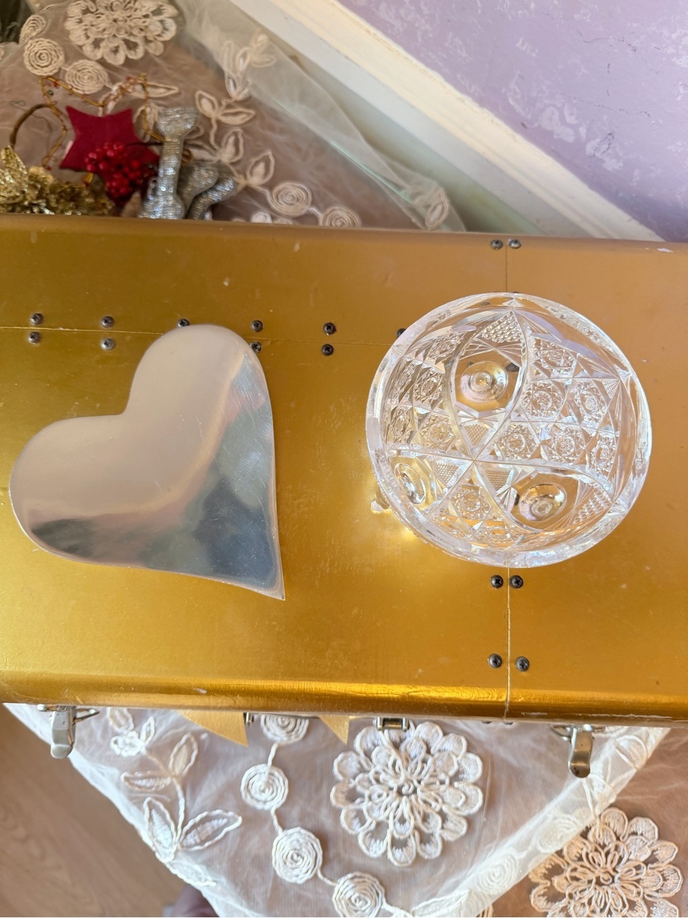 Crystal Cut Glass Bowl with Silver Heart Dish